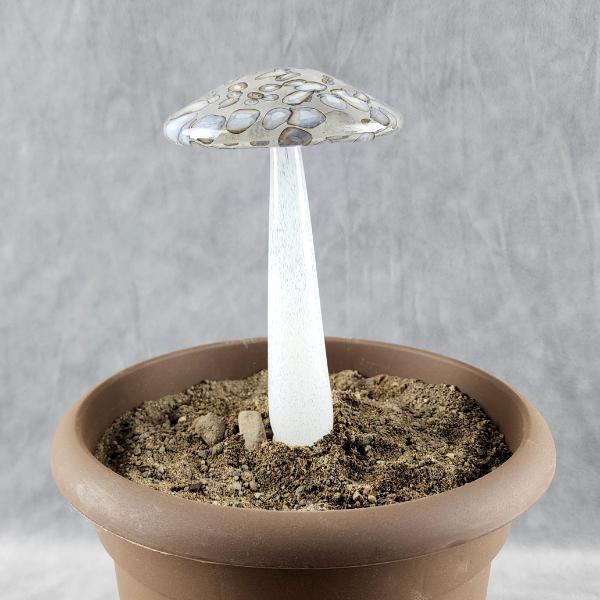 #04122431 GLOW IN THE DARK mushroom on glass stake 7''H x 4''W $80