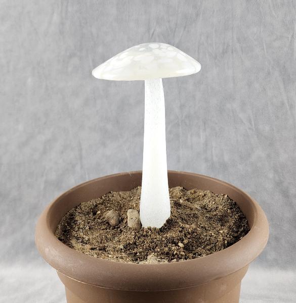 #04122430 GLOW IN THE DARK mushroom on glass stake 7.5''H x 4''W $80