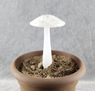 #04122429 GLOW IN THE DARK mushroom on glass stake 7''H x 4''W $80