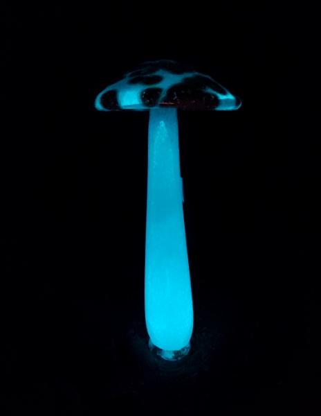 #04162401 GLOW IN THE DARK mushroom on glass stake 7''Hx4''w $80