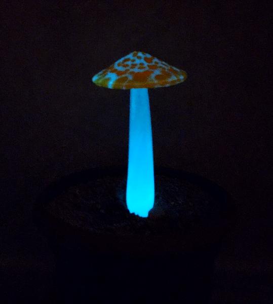 #04122412 GLOW IN THE DARK mushroom on glass stake 7.5''H x 4''W $80