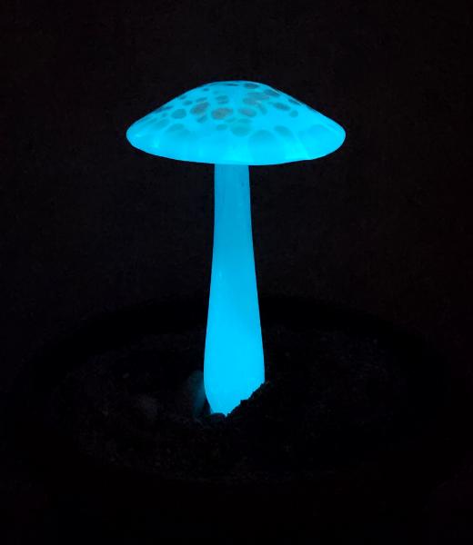 #04122429 GLOW IN THE DARK mushroom on glass stake 7''H x 4''W $80