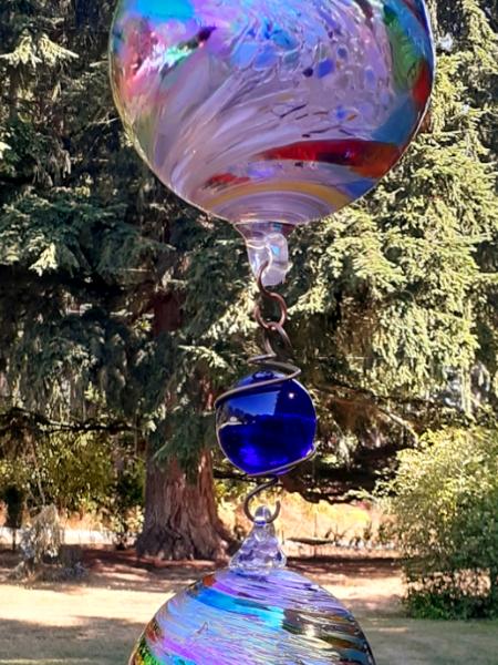 #08042521 three Hanging Ball Sculpture Iridised Upgrade  Lg-6.25'' Med-5'' Sm-4''  29'' Long $280.00