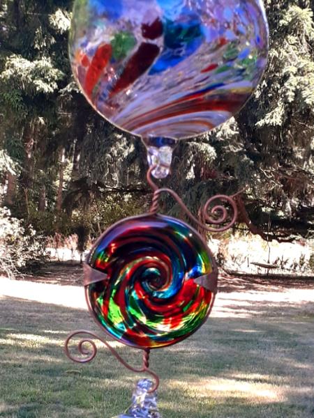 #08042519 three Hanging Ball Sculpture Iridised Upgrade  Lg-6'' Med-4.75'' Sm-3.5''  30'' Long $300.00