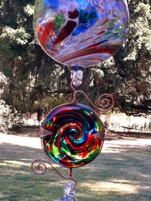 #08042519 three Hanging Ball Sculpture Iridised Upgrade  Lg-6'' Med-4.75'' Sm-3.5''  30'' Long $300.00